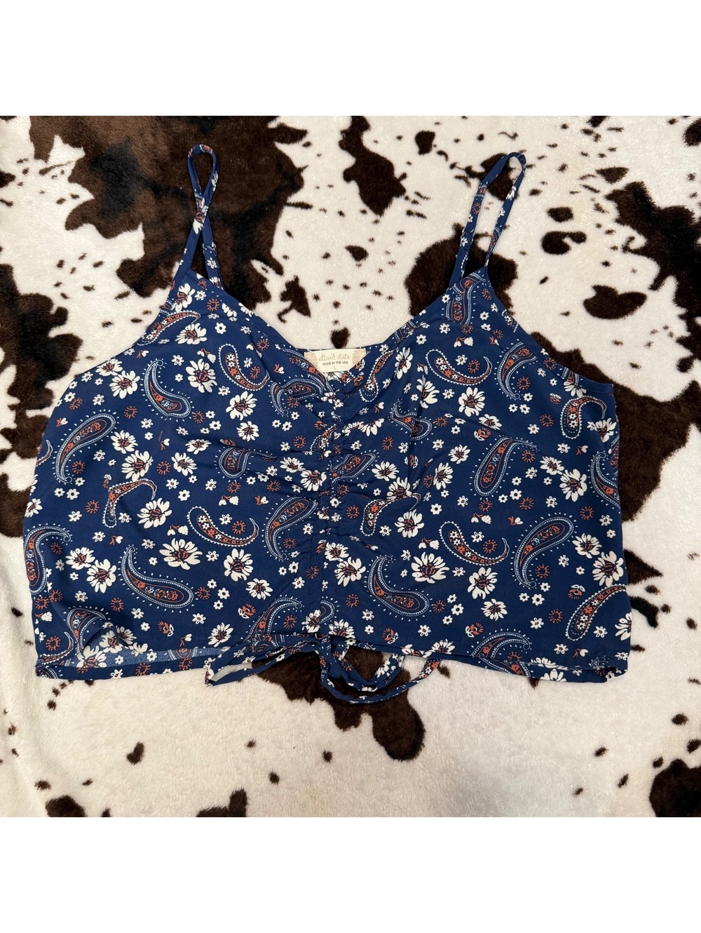 Altar'd State Blue Paisley Floral Tie Front Crop Cami Tank Top Large